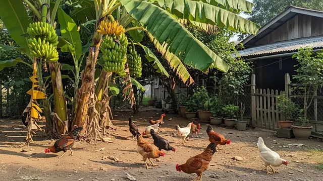 Menggabungkan Ayam Kampung dan Pohon Pisang untuk Halaman Multifungsi dengan Konsep Urban Farming (Gemini AI)