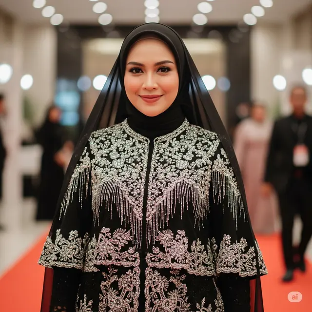 Dress Hitam Berlayer dengan Embellishment Beads atau Sequins