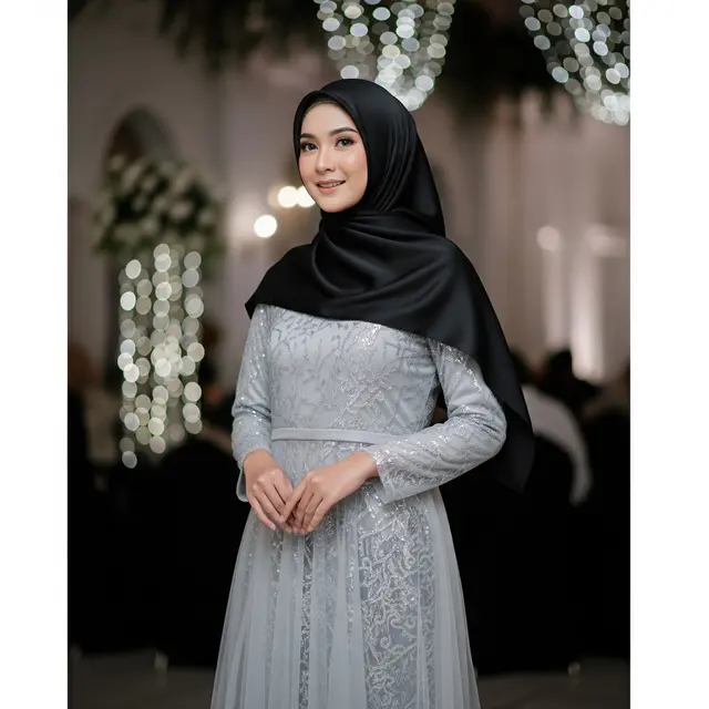 Gamis Tulle Payet + Pashmina Satin Gelap