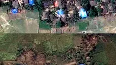 Foto dari citra satelit menunjukkan Desa Kyet Yoe Pyin yang dihuni oleh minoritas muslim Rohingya sebelum dibakar pada 30 Maret 2016 (atas) dan sesudah dilahap si jago merah pada 10 November 2016 (bawah). (Copyright 2016 Human Rights Watch/REUTERS)