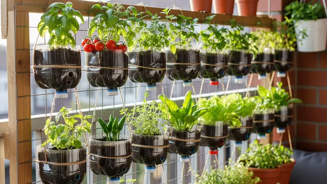 Ilustrasi Desain Kebun Sayur Pocket Garden dari Botol Plastik Bekas/Gemini AI