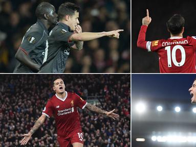 Berikut ini beragam selebrasi menarik Philippe Coutinho bersama Liverpool. Gelandang asal Brasil ini telah resmi pindah ke Barcelona dengan nilai transfer 142 juta poundsterling. (Kolase foto-foto dari AFP)
