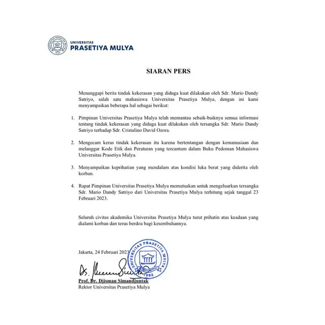 Surat dari Universitas Prasetiya Mulya merespons kasus Mario Dandy. (Foto: Dok. Instagram @prasmul)