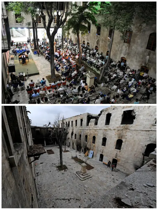 Foto kombinasi menunjukkan halaman Sekolah Al-Sheebani di Kota Tua Aleppo, Suriah sebelum rusak pada 6 Juni 2009 (atas) dan setelah itu rusak 17 Desember 2016. (REUTERS / Omar Sanadiki )