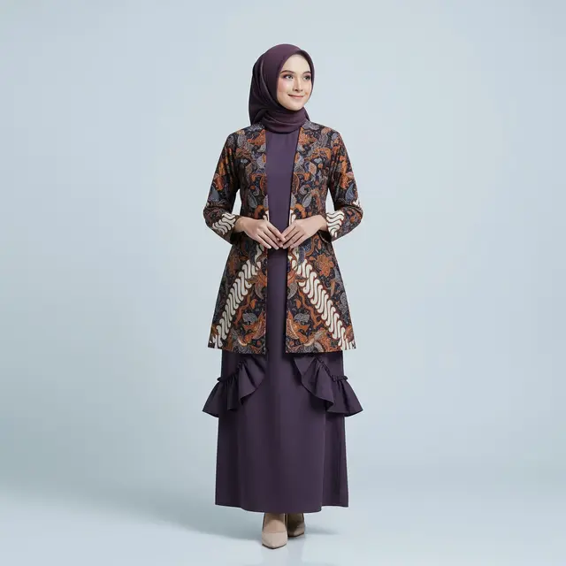 Model Gamis Polos Kombinasi Blazer Batik