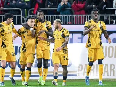 Kapten Inter Milan yakni Lautaro Martinez akhirnya mengakhiri puasa golnya. Pemain asal Argentina itu mencetak gol ke gawang Cagliari pada menit ke-71. (Gianluca Zuddas/LaPresse via AP)