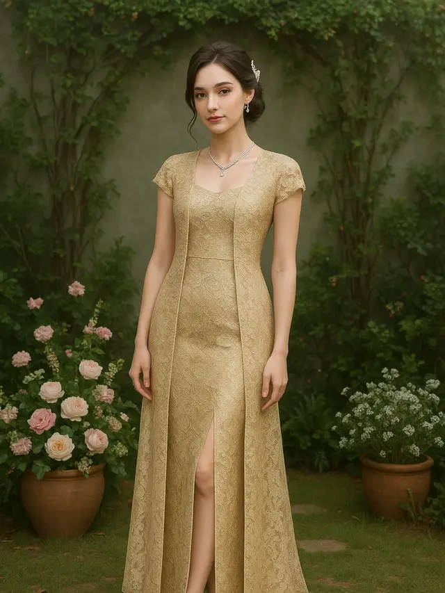 Model Long Dress Brokat Slim Fit dengan Outer Belah Tengah