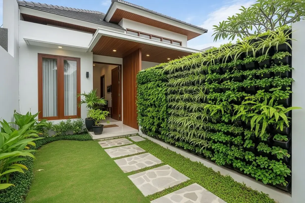 Desain Rumah Kecil dengan Tanaman Hias di Dinding