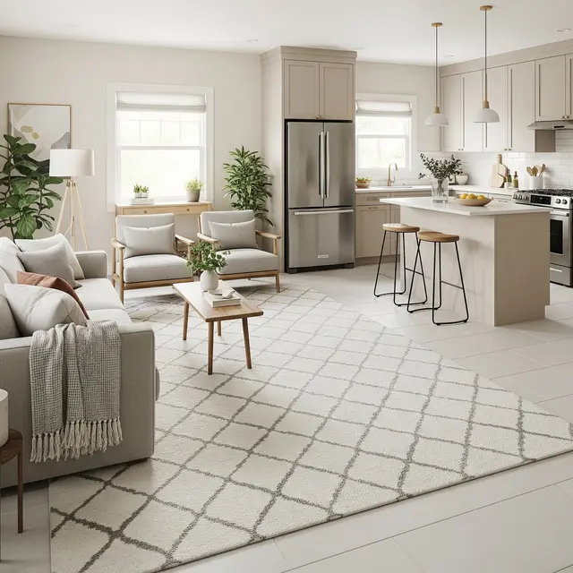 Desain Ruang Keluarga dan Ruang Dapur Tanpa Sekat di Rumah Kecil (AI)