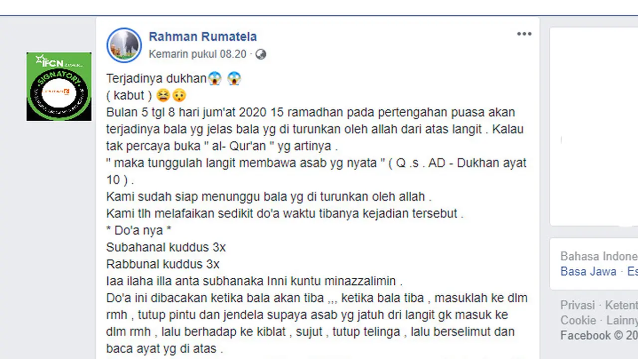 Kabar Suara Keras dan Kabut Tebal Muncul Pada 15 Ramadan Bersumber Dari Hadis Palsu