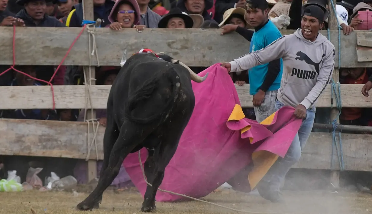 <p>Seorang matador amatir tampil dalam Festival Our Lady of the Rosary di Desa Andes, Huarina, Bolivia, Senin (3/10/2022). Sekelompok matador amatir menampilkan parodi dari adu banteng Spanyol, tetapi tanpa mengorbankan banteng. (AP Photo/Juan Karita)</p>