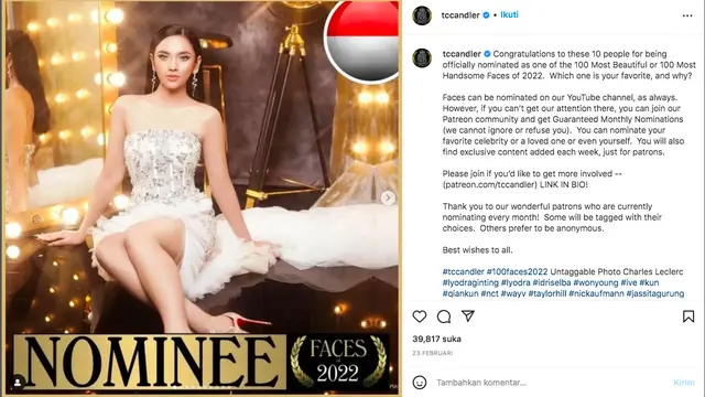 Lyodra kembali Masuk Nominasi 100 Most Beautiful Faces of 2022.TC Candler. (instagram.com/tccandler)