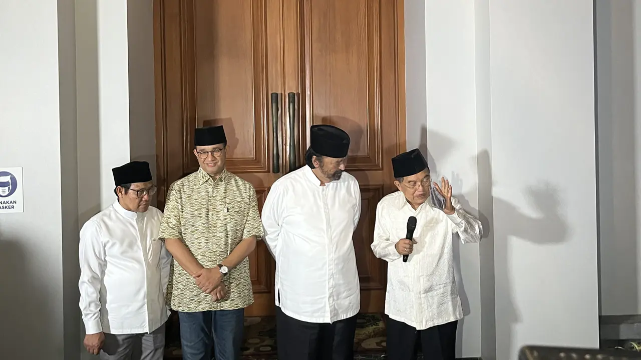 Calon presiden (capres) dan calon wakil presiden (cawapres) nomor urut satu Anies Baswedan-Muhaimin Iskandar (AMIN) buka puasa bersama dengan Ketua Umum Surya Paloh dan Wakil Presiden ke-10 dan ke-11 Jusuf Kalla.