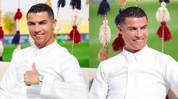 Kolase foto: Pemain Al-Nassr, Cristiano Ronaldo memakai gamis saat memperingati Hari Pendirian Kerajaan Saudi atau Founding Day di tempat berlatih pada Rabu (22/02/2023). (Twitter/@AlNassrFC)