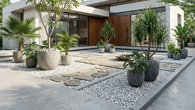 Kombinasi Hardscape dan Tanaman dalam Pot Besar