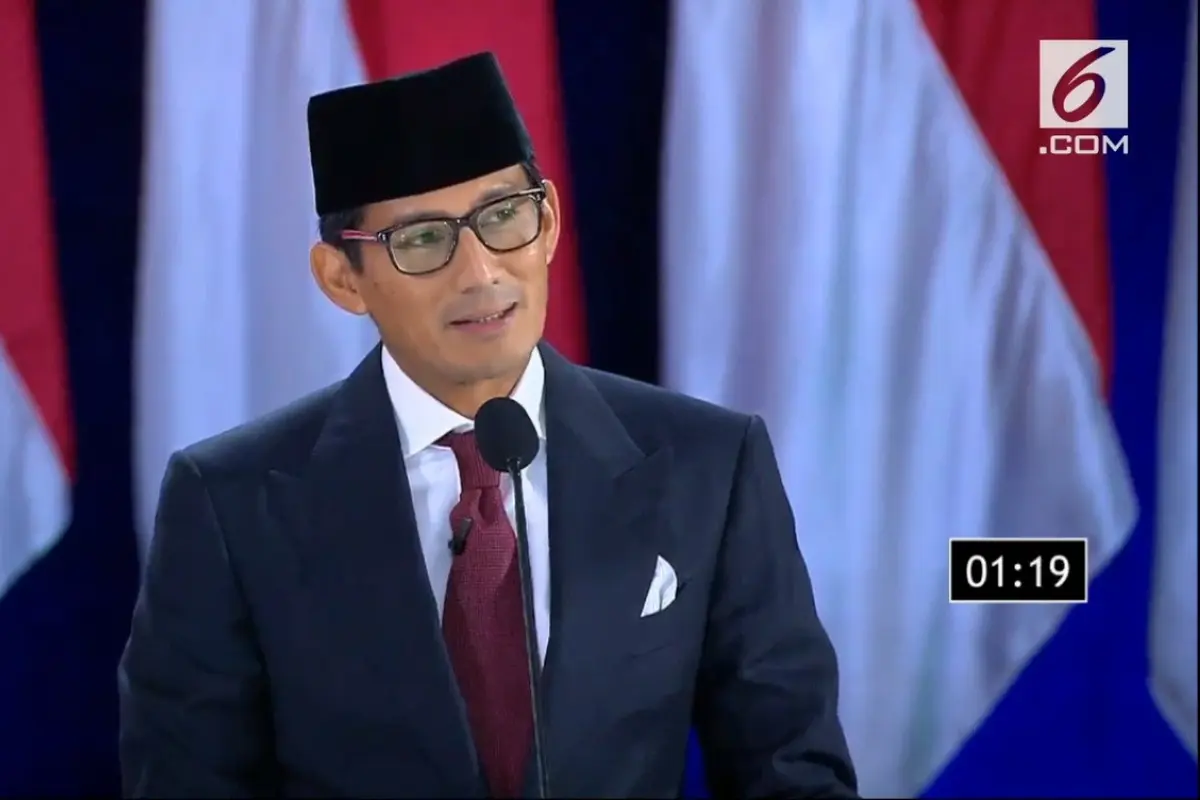 Calon wakil presiden nomor urut 02 Sandiaga Uno saat Debat Kelima Pilpres 2019. (Liputan6.com)