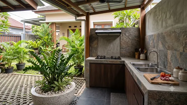 Desain Dapur Terbuka dengan Taman Kering Anti Ribet