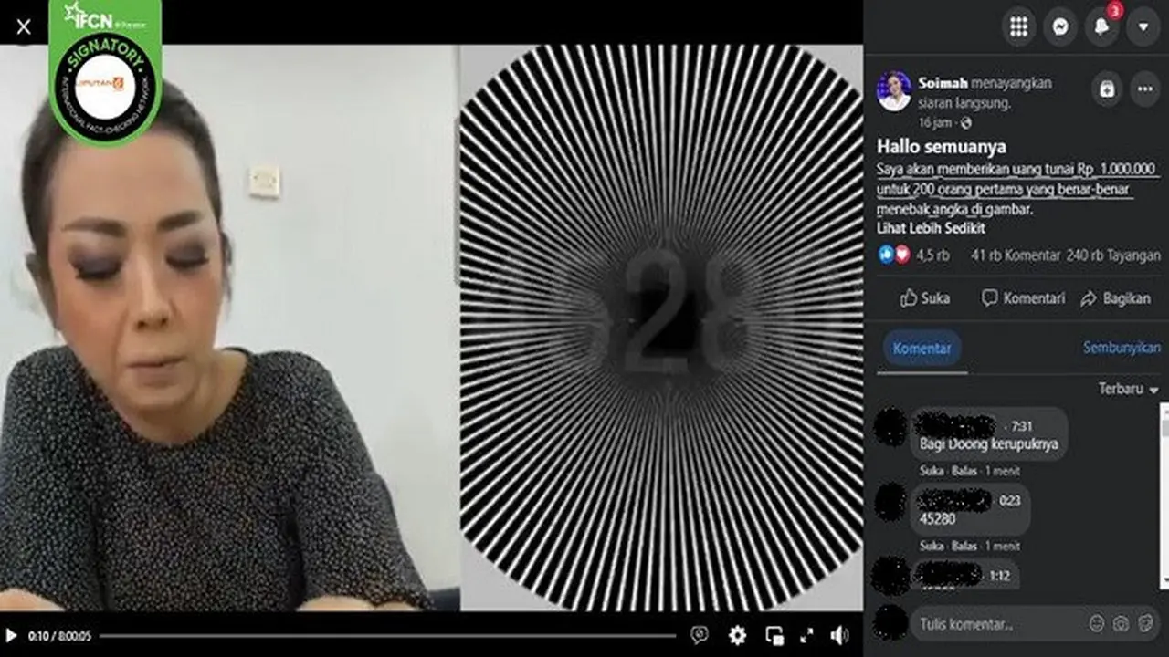 Gambar Tangkapan Layar Kabar Hoaks Soimah Bagi-Bagi Uang Saat Live Facebook (sumber: Facebook).