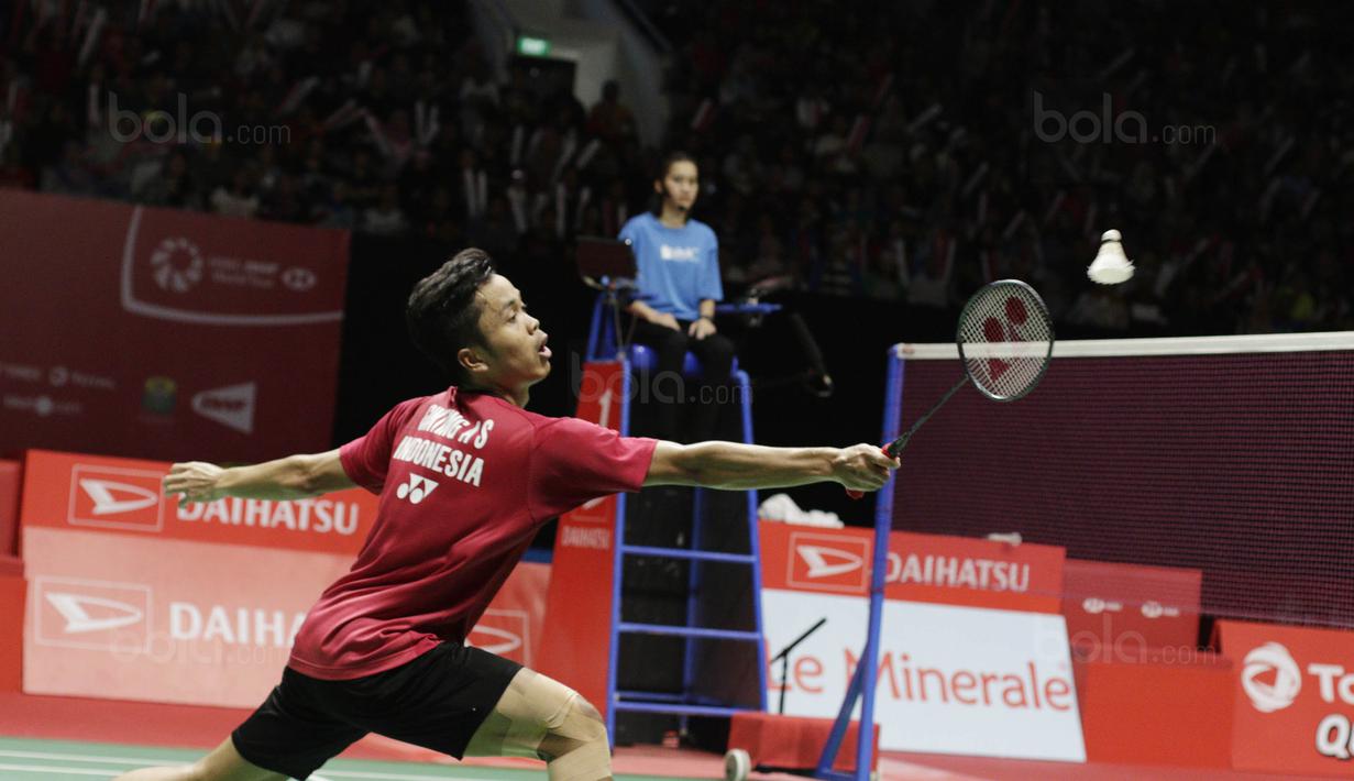 Tunggal putra Indonesia, Anthony Ginting, saat melawan wakil Taiwan, Chou Tien Chen, pada laga semifinal Indonesia Masters 2018 di Istora Senayan, Sabtu (27/1/2018). Anthony Ginting menang 21-16, 13-21, dan 21-12. (Bola.com/M Iqbal Ichsan)