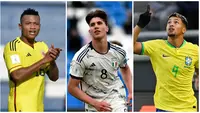 Foto kolase dari pemain Timnas Kolumbia U-20, Cesare Cortes (kiri), pemain Timnas Italia U-20, Cesare Casedei (tengah), dan pemain Timnas Brasil U-20, Marcos Leonardo (kanan) saat berlaga di Piala Dunia U-20 2023 yang berlangsung di Argentina. (AFP)