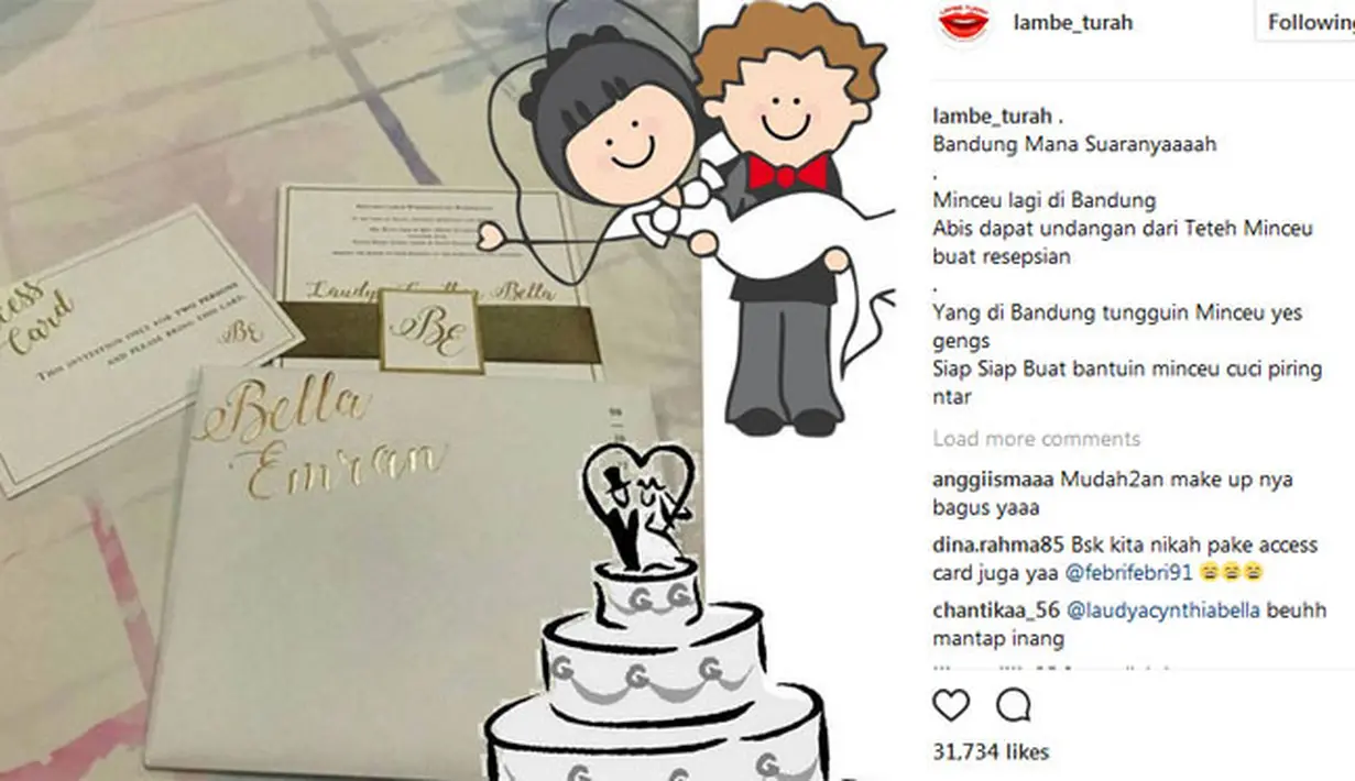 Di akun gossip @Lambe_Turah, terdapat unggahan foto undangan resepsi Bella dan Emran. Santer terdengar, resepsi ke-2 itu akan berlangsung di Bandung, Jawa Barat, pada 8 Oktober 2017. (Instagram/lambe_turah)