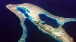 Pulau terumbu karang terletak di lepas pantai utara Pulau Flores, Indonesia. Dilihat dari atas pulau ini mirip Lumba-lumba. (Foto:Michael Thirnbeck)