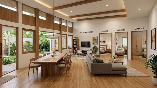 Desain Rumah 3 Kamar dengan Ruang Keluarga Tanpa Dinding Pembatas
