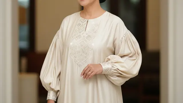 Rekomendasi Bahan dan Ukuran Gamis Blazer Brokat untuk Wanita 50 Tahun (Image by ChatGPT)