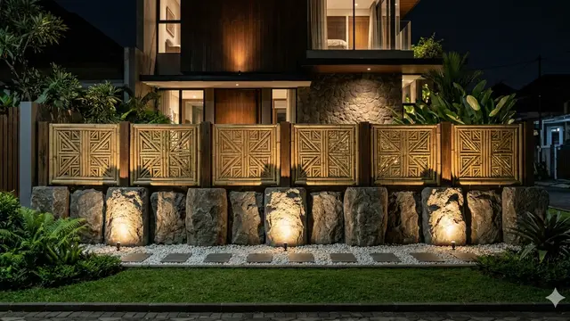 Model Pagar Rumah Rustic dari Bambu dan Batu Alam