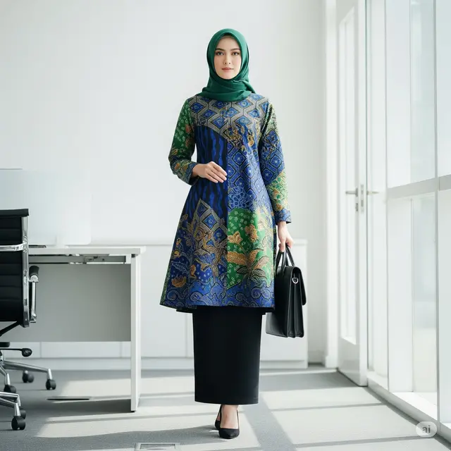 Model Baju Batik Kantor Wanita Berjilbab Modern. Foto: Gemini