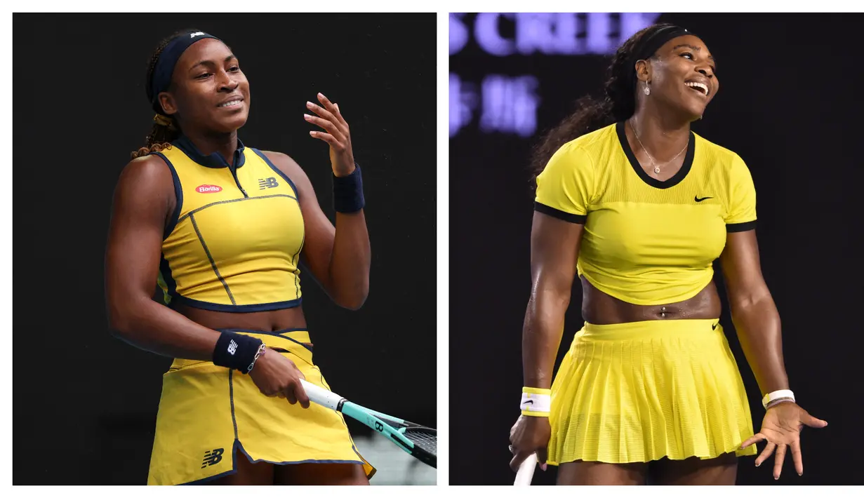 Ekspresi kecewa dari petenis Amerika Serikat, Coco Gauff (kiri) dan Serena Williams setelah gagal menambah poin di turnamen Australia Open. (Foto Kolase: AFP/Martin Keep dan AFP/Paul Crock)