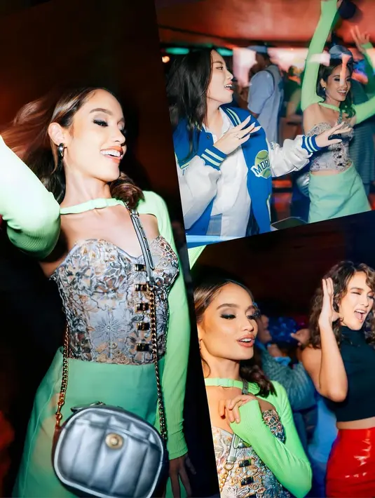 Lagi, penampilan totalitas Cinta Laura mengenakan bustier abu-abu dengan corak bordir emas yang mewah. Penampilannya ini dipadukan dengan atasan dan rok mini hijau yang tak kalah edgy. [Foto: Instagram/claurakiehl]