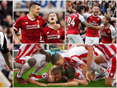 Berikut ini tujuh selebrasi terbaik yang menghiasi laga Premier League 2017/2018 pekan ke-7. Mulai dari selebrasi Peter Crouch, Philipe Coutinho, Joselu hingga para pemain Arsenal. (Kolase Foto-foto dari AP)