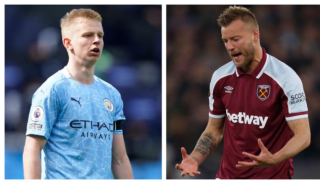 Di tengah serangan militer Rusia terhadap Ukraina, dua pesepak bola asal Ukraina yang tengah merantau di Eropa Andriy Yarmolenko dan Oleksandr Zinchenko mengutuk keras serangan tersebut. Setidaknya ada 6 pemain Ukraina yang kini merantau di klub top Eropa. (Kolase AFP)