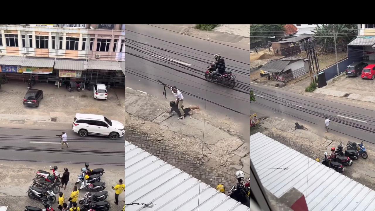 Tangkapan layar rekaman video amatir warga detik-detik aksi baku tembak antara pelaku pencuri motor dengan polisi di Bandar Lampung. Foto : (Istimewa).
