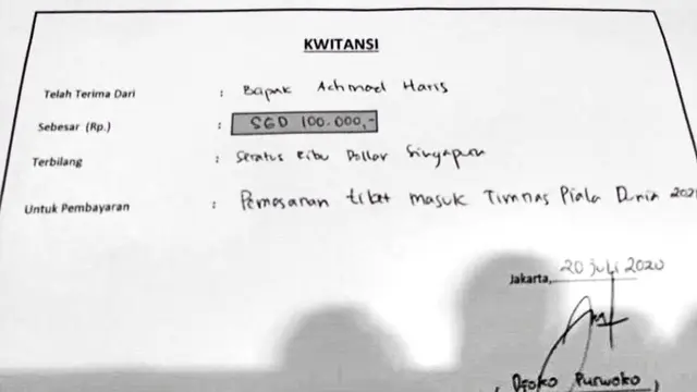 Bukti kuitansi terkait kabar jual-beli jabatan manajer Timnas Indonesia U-20.