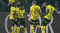 Tiga gol Karim Adeyemi pada menit ke-11, 29 dan 42 mempertebal keunggulan Borussia Dortmund. (INA FASSBENDER/AFP)