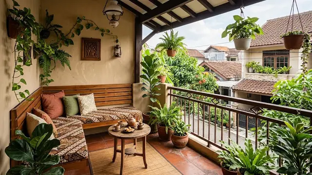 Desain balkon rumah yang berhadapan dengan tetangga namun tetap nyaman dan punya pemandangan indah model dengan bangku menempel dinding