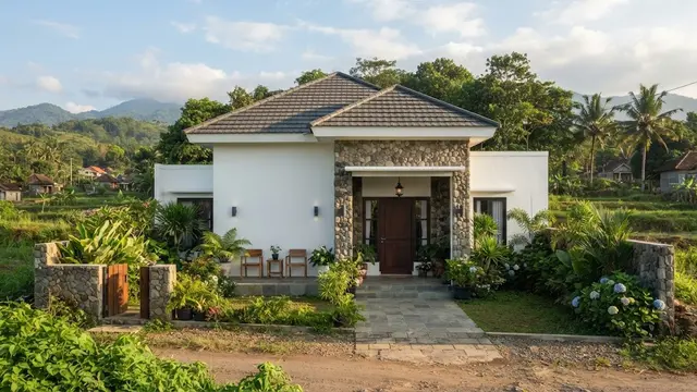 Rumah Desa dengan Kombinasi Dinding Putih dan Batu Alam