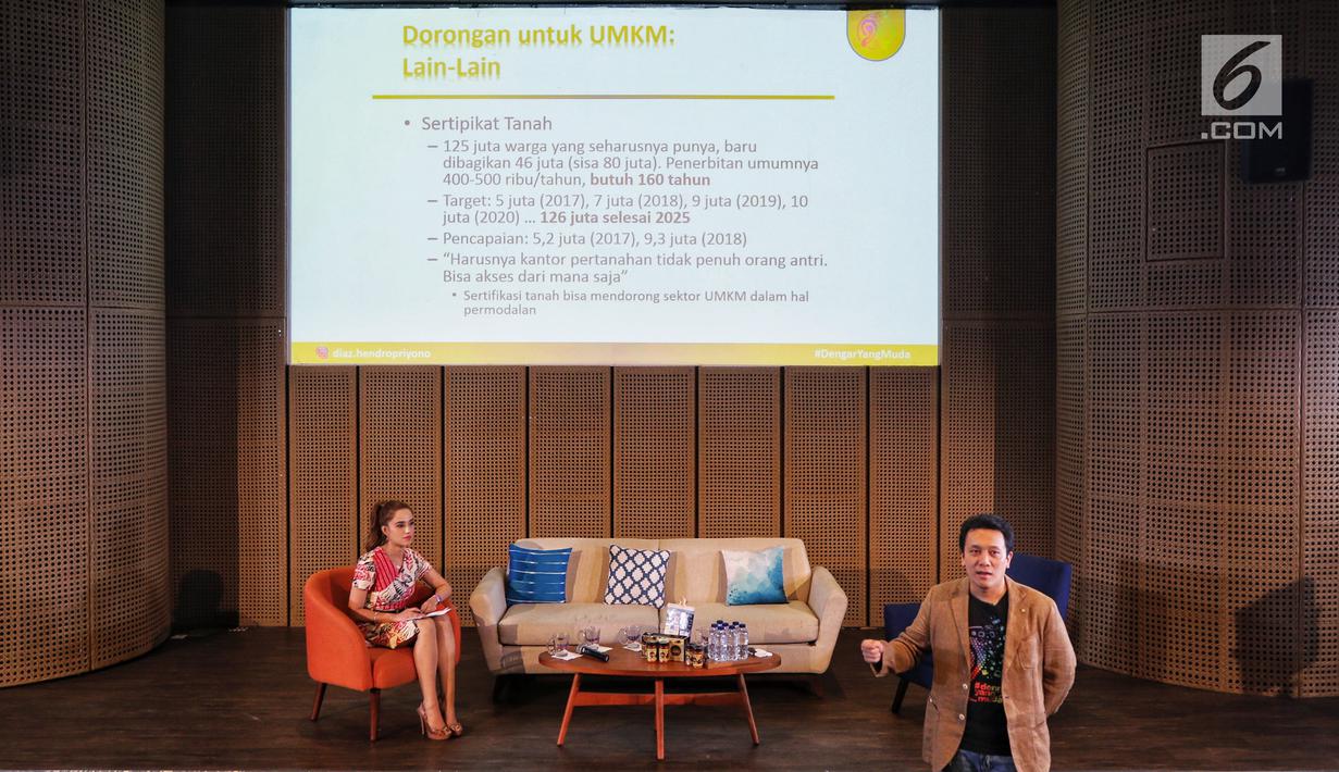 Diaz Hendropriyono saat menjadi pembicara bertajuk “Dengar yang Muda” di Galeri Indonesia Kaya, Jakarta, Kamis (7/2). Kegiatan yang memasuki seri ke-12 mengangkat sektor UMKM. (Liputan6.com/Johan Tallo)
