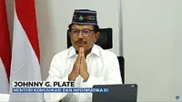 Menkominfo Johnny G. Plate saat menghadiri Halal Bihalal virtual yang digelar Kementerian Koordinator Bidang Politik, Hukum dan Keamanan. (Foto: Kemkominfo)