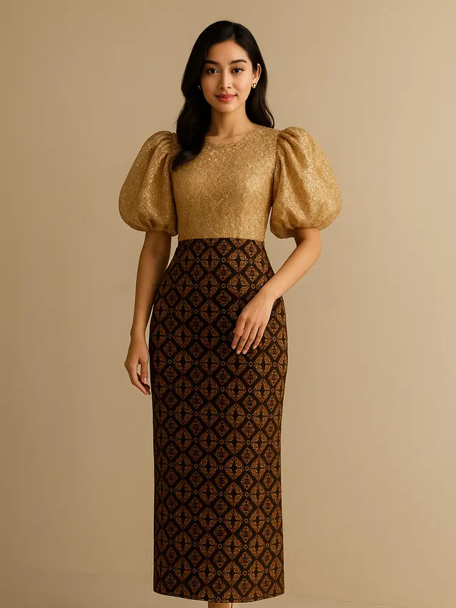 Dress Batik Kombinasi Brokat Lengan Balon
