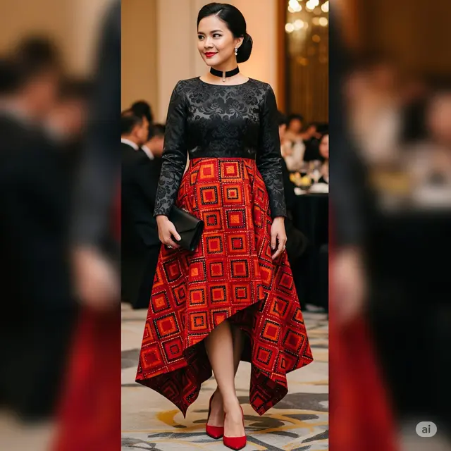 Dress Brokat & Batik Motif Geometris