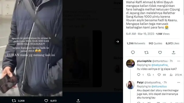 Raffi Ahmad terlihat melalukan video call dengan perempuan berhijab saat sedang berlibur di Jepang (https://twitter.com/babysafina_/status/1637237939846680576)