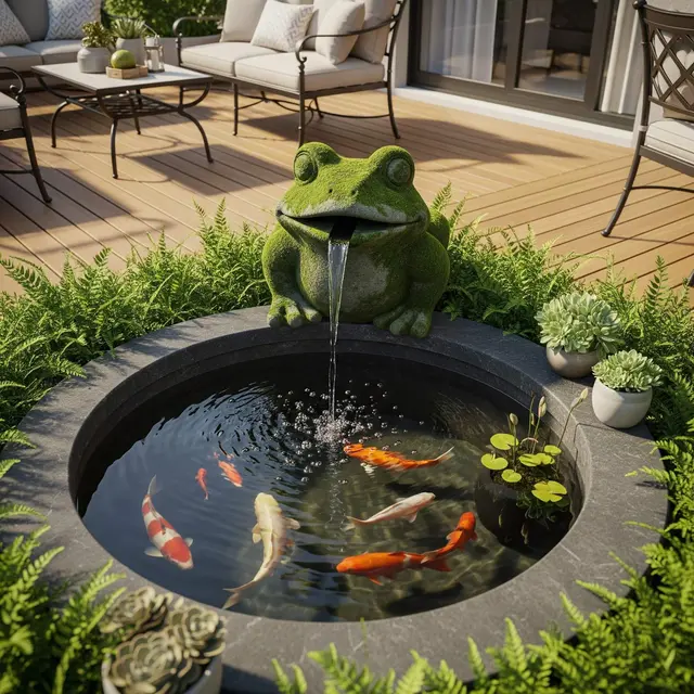 Ide Teras Rumah Luas dengan Kolam Ikan Mini di Sudut Depan