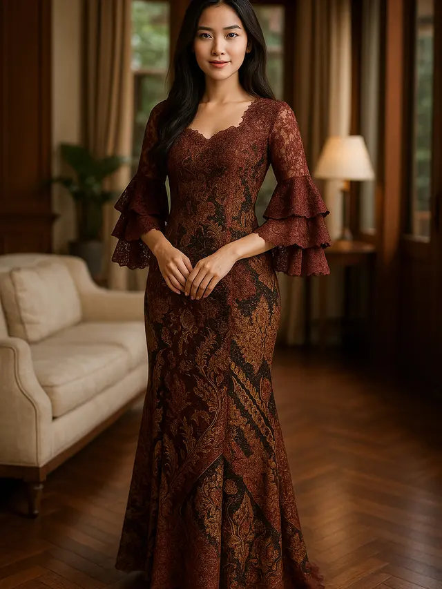 Model Batik Brokat Kombinasi Lengan Pagoda Tiga Lapis