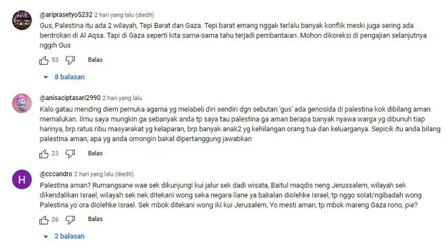 Tangkapan layar kecaman untuk Gus Iqdam usai menyatakan Palestina aman dan nyaman. (Foto: SS YT JPProduction)
