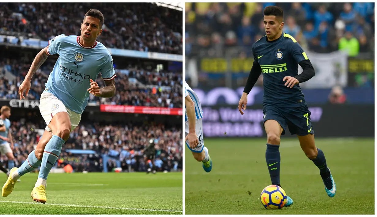 Foto kolase Joao Cancelo (kiri) saat membela Manchester City dalam pertandingan Liga Inggris pada 8 Oktober 2022 dan Cancelo (kanan) saat membela Inter Milan dalam pertandingan Serie A pada 28 Januari 2018. (AFP/Oli Scarff, Miguel Medina)