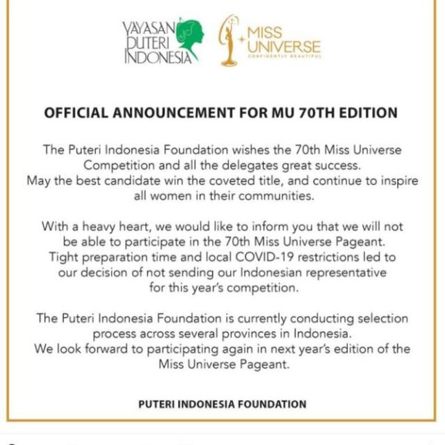 Indonesia Pastikan Tak Akan Kirimkan Wakil di Miss Universe 2021 di Israel