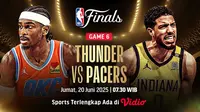 Link siaran langsung game 6 NBA Finals 2025 Thunder vs Pacers di Vidio. Saksikan game ke 6 dari lanjutan NBA Finals 2025 antara Thunder vs Pacers di Gainbridge Fieldhouse hanya di layanan OTT Vidio. (sum. doc. vidio.com)
